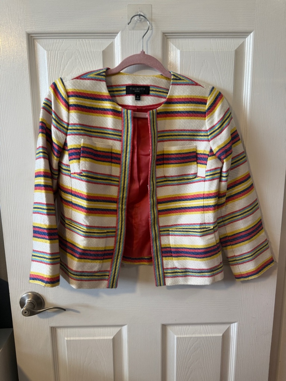Talbots Cream Striped Cropped Blazer with Multicolor Bands